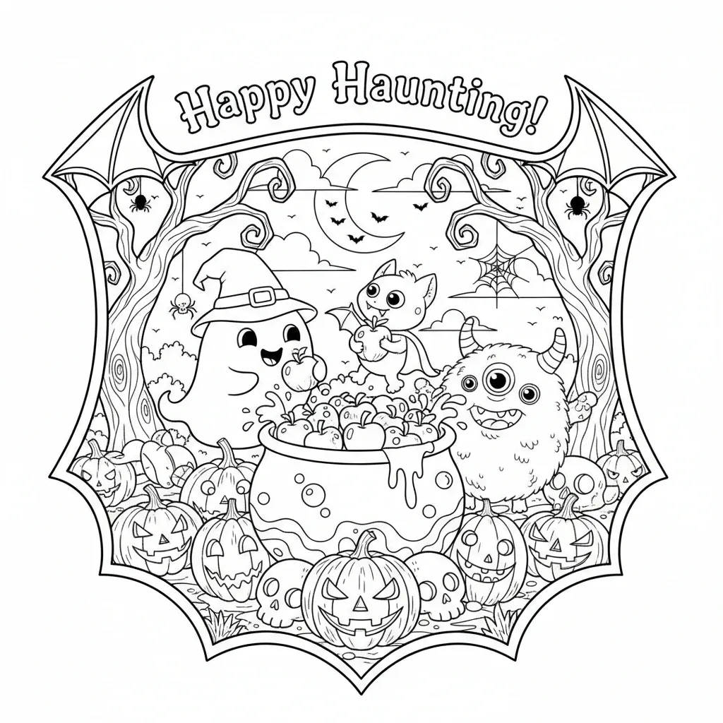 cute halloween coloring page that says happy haunting with illustrations of ghosts, monsters, jack-o-lanterns and more
