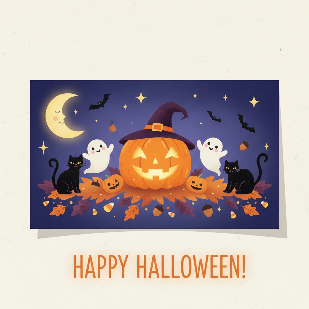 cute halloween card that depicts jack o lanterns, cute ghosts, and black cats with the words happy halloween