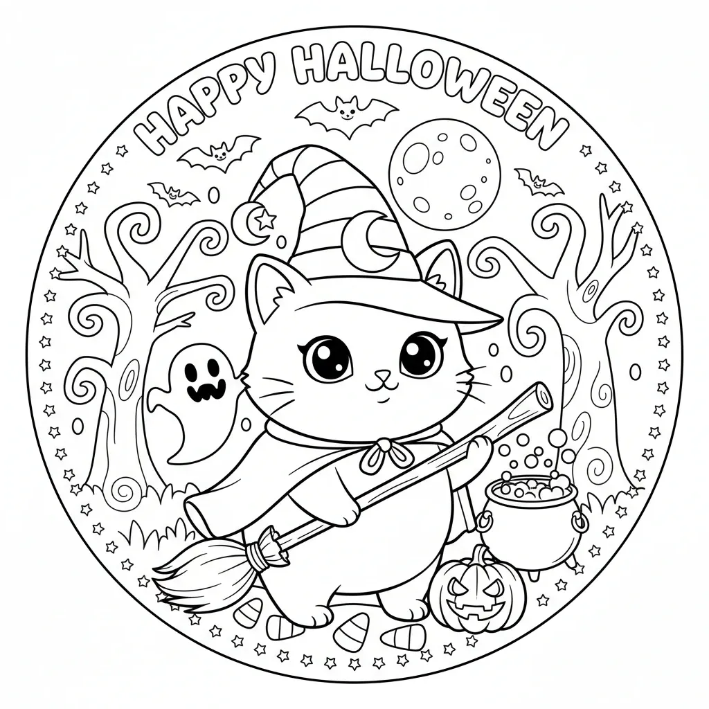 cute halloween coloring page with illustrations of a cat wearing a wtich hat and holding a broom and the words: happy halloween
