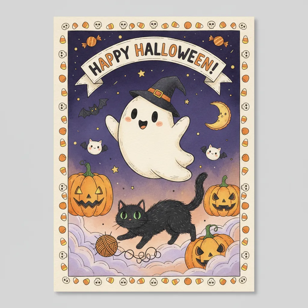 cute halloween card that depicts jack o lanterns, cute ghosts, and black cats with and the words happy halloween.