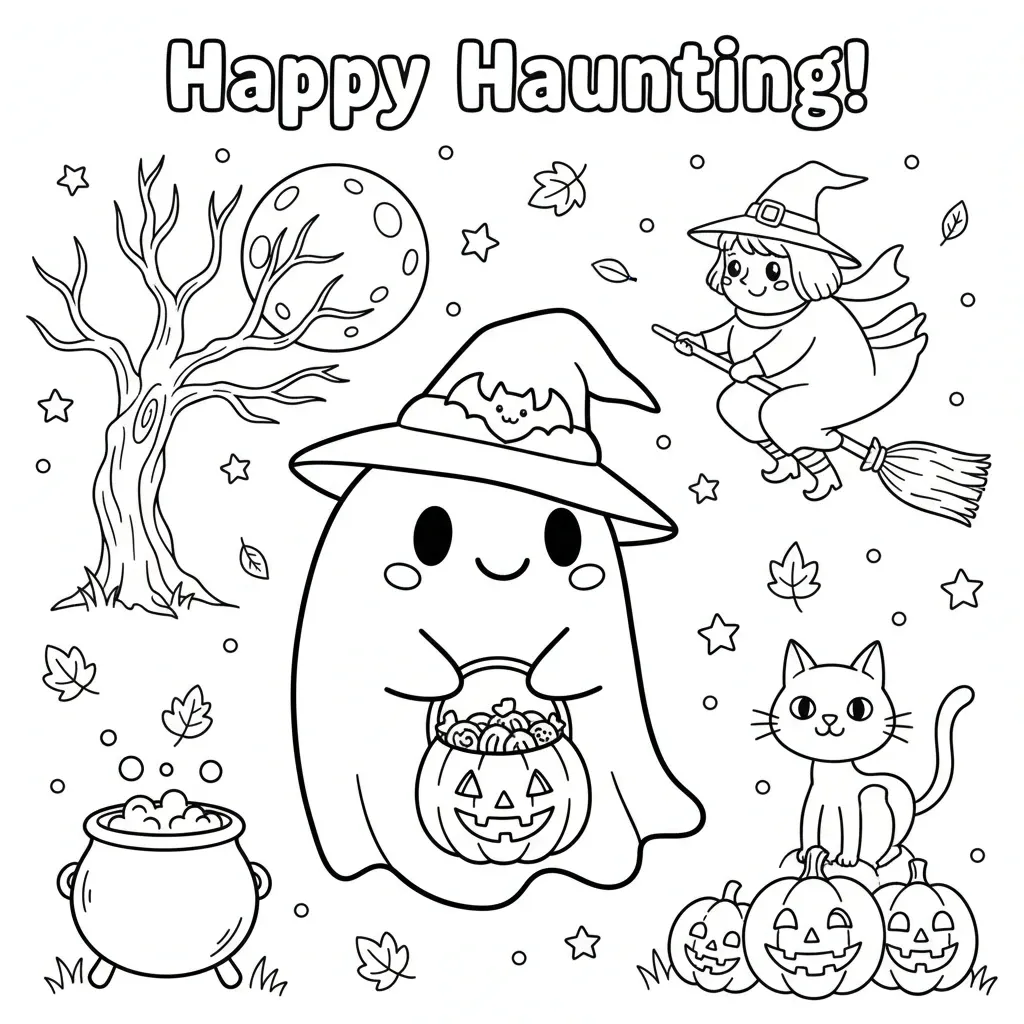 cute halloween coloring page that says happy haunting with illustrations of ghosts, witches, cats and more