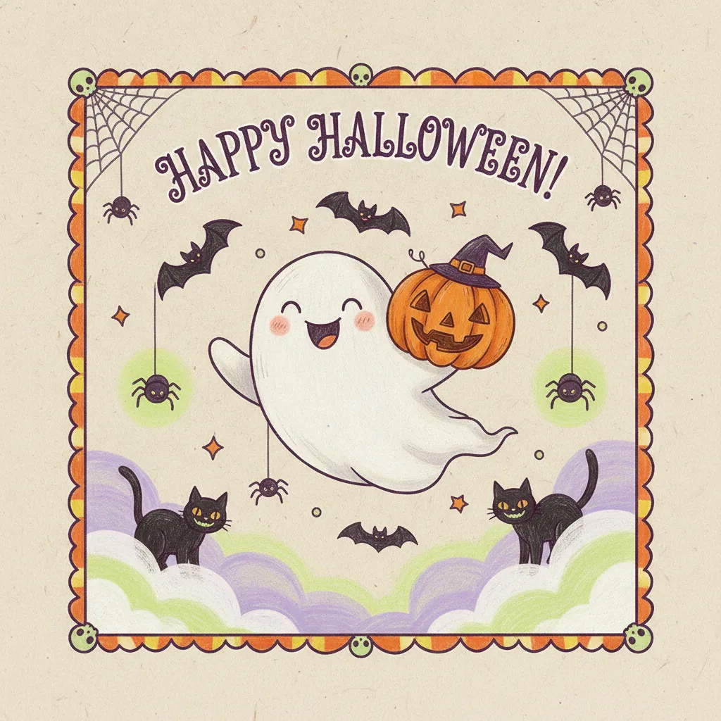cute halloween card that depicts jack o lanterns, cute ghosts, and black cats and the words happy halloween.