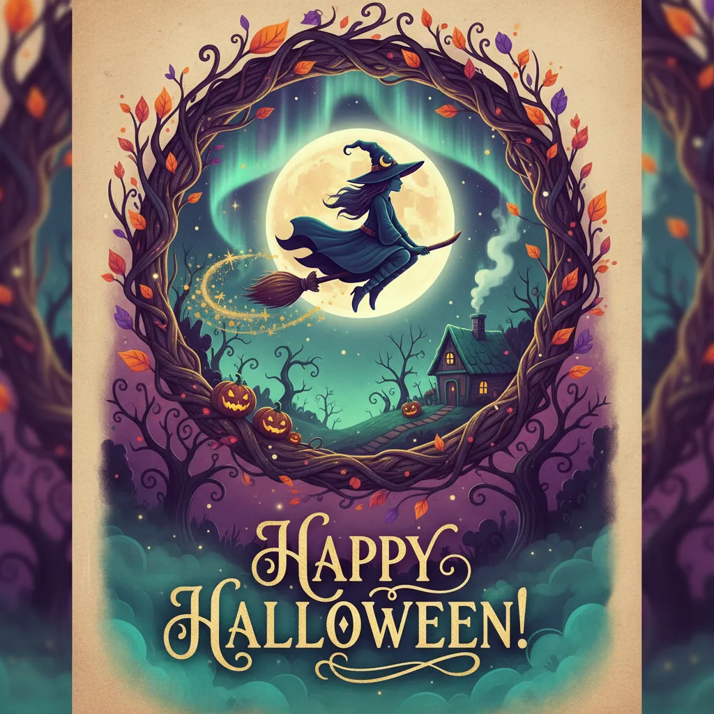 halloween card featuring a witch and the words happy halloween.