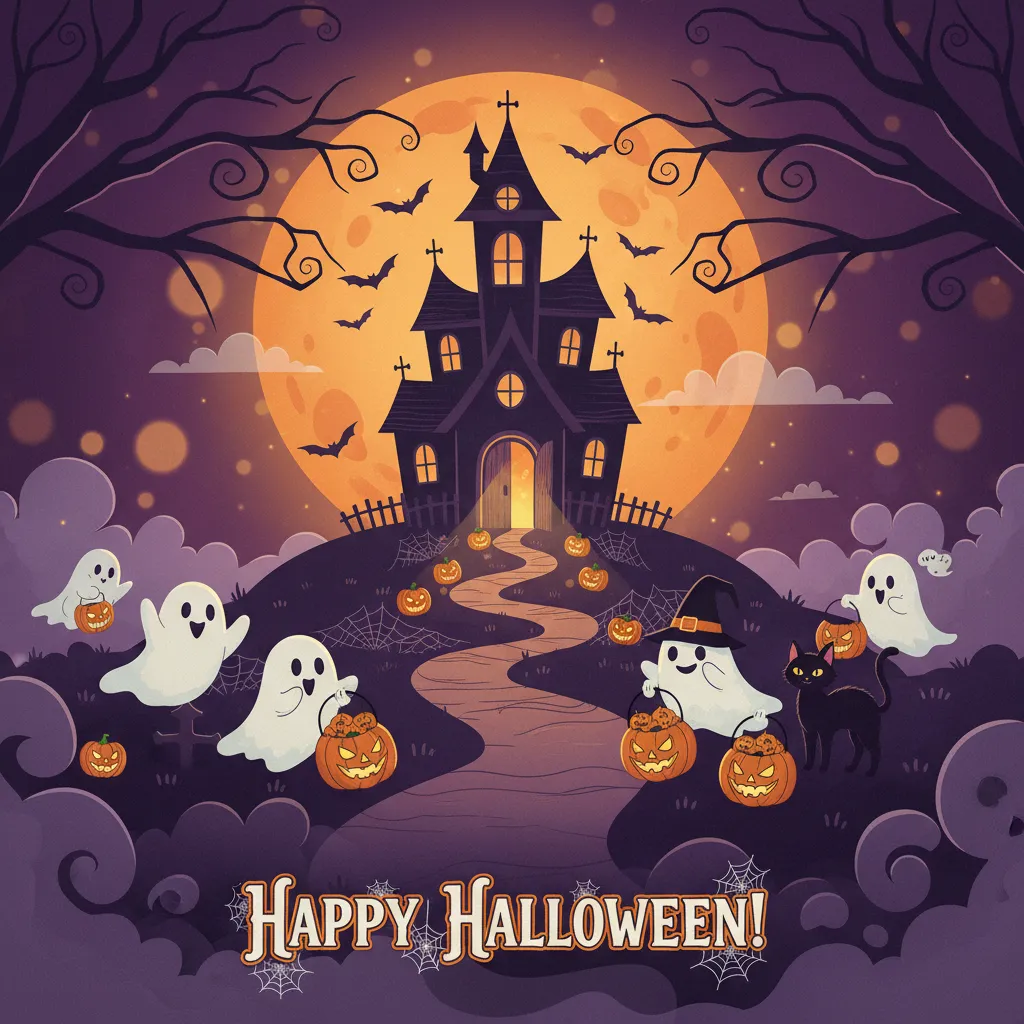 halloween card featuring a haunted house and the words happy halloween.