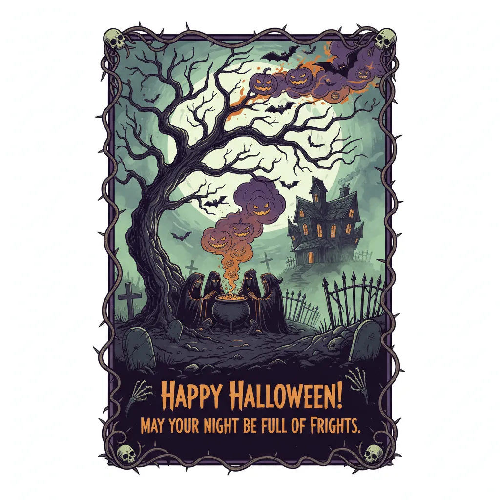 a halloween card featuring a witches seance with a haunted house in the background with the words happy halloween may your night be full of frights.