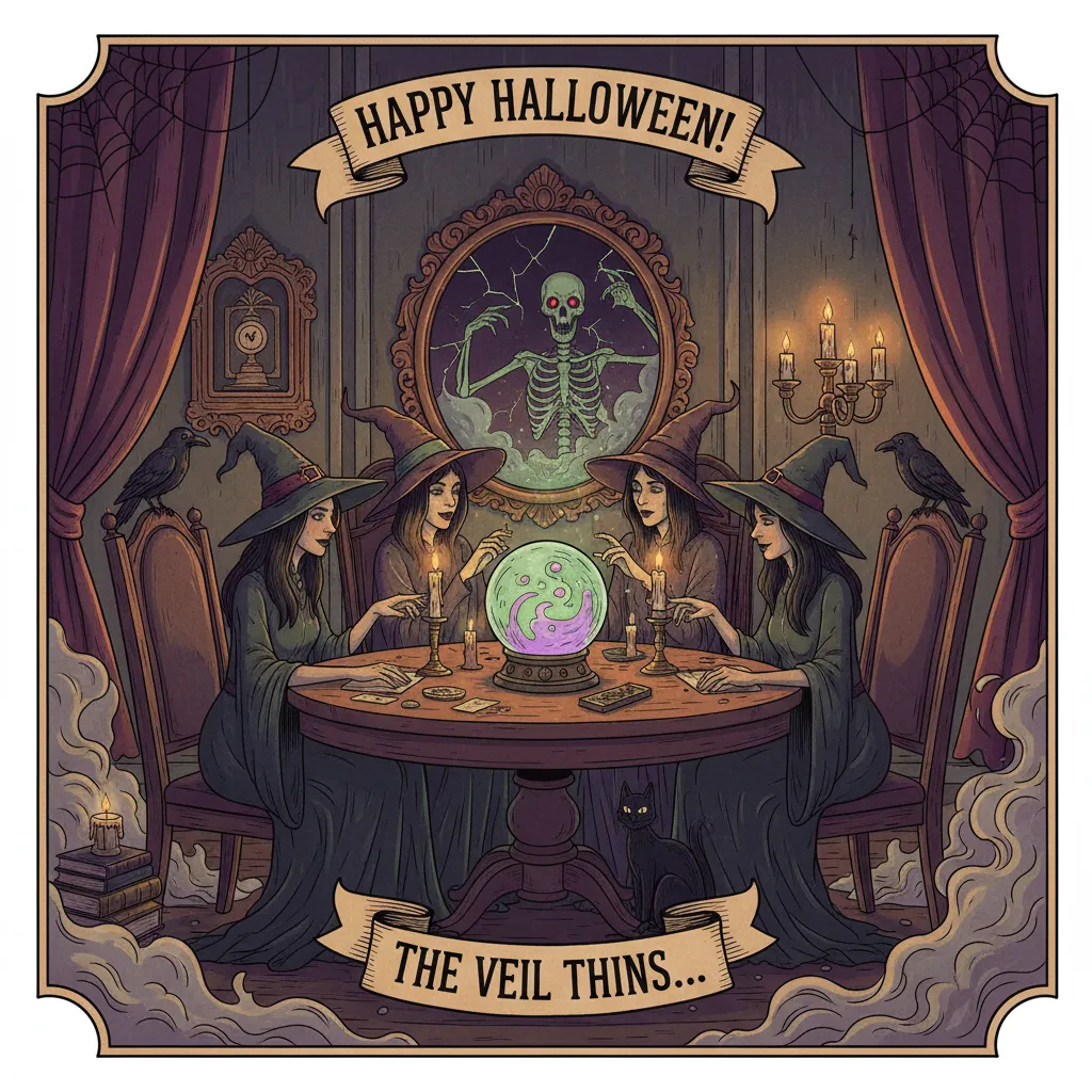 halloween card featuring a witches seance and the words happy halloween the veil thins...
