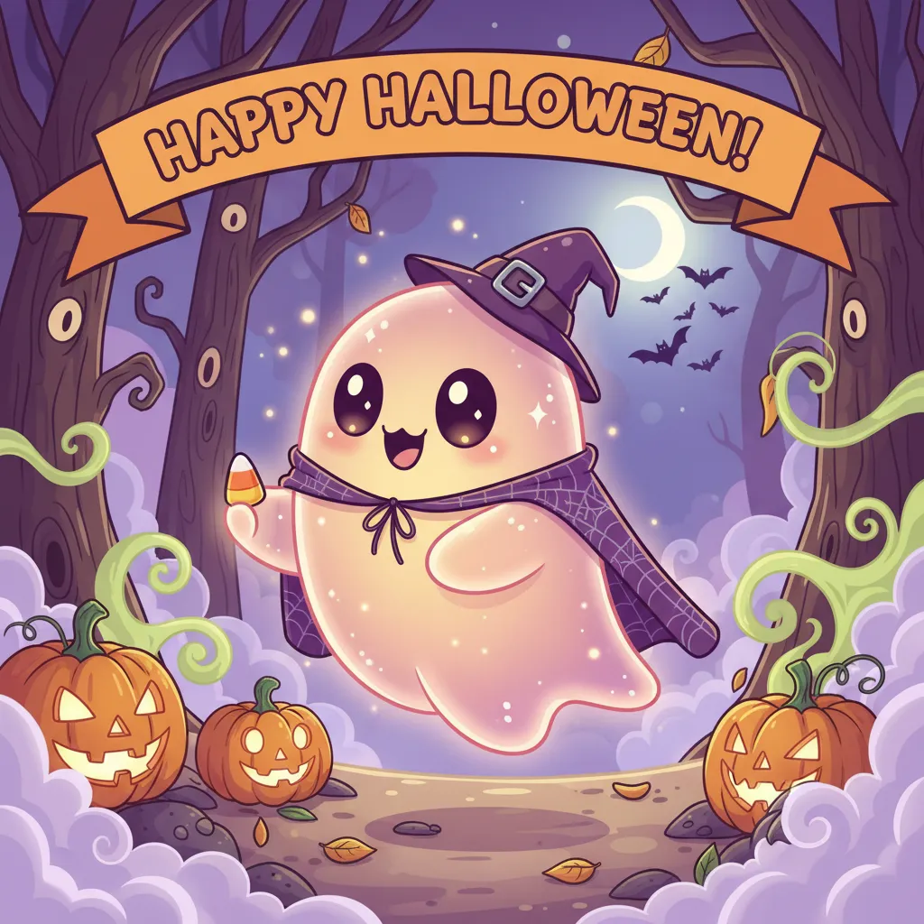 halloween card featuring a cute shimmering ghost illustration and the words happy halloween.