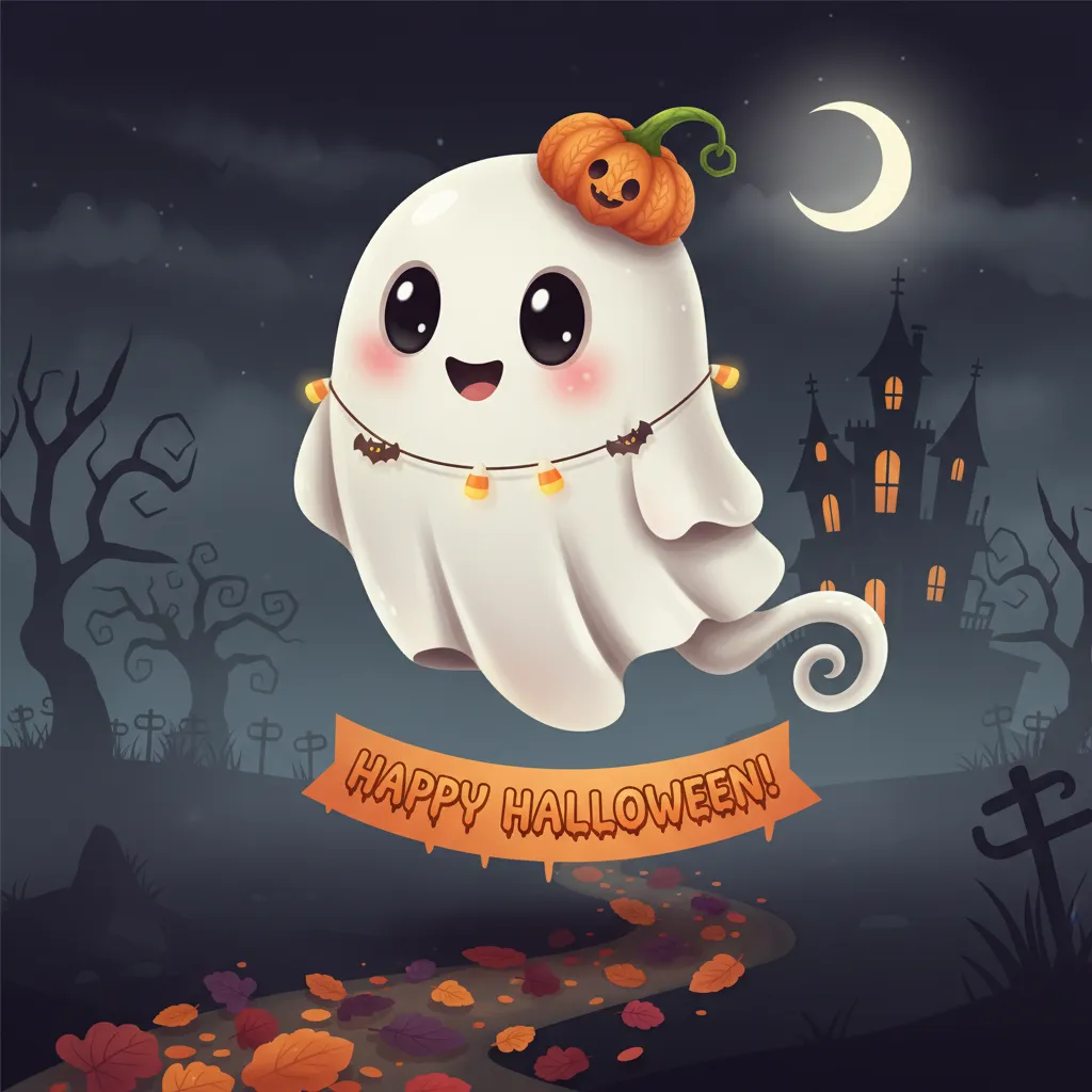 halloween card featuring a cute ghost illustration and the words happy halloween.