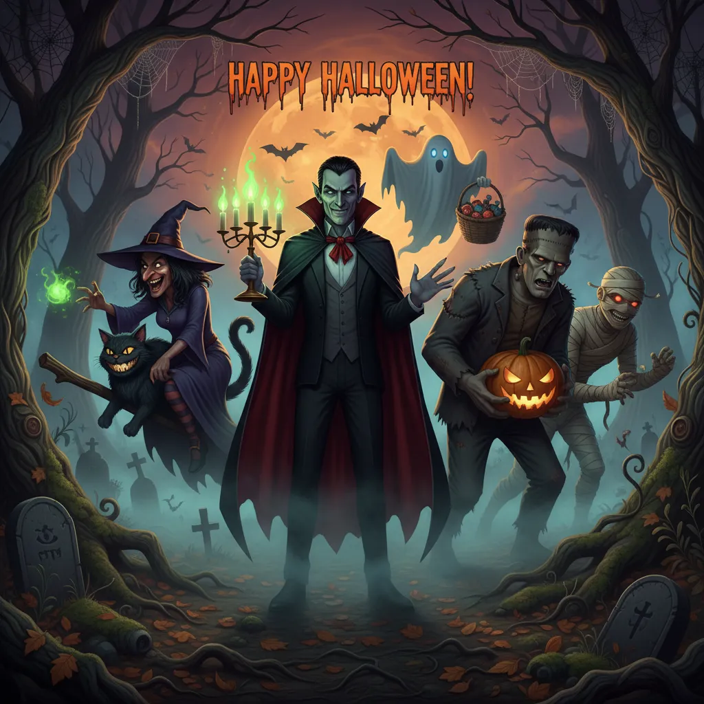 halloween card featuring classic halloween characters and the words happy halloween.
