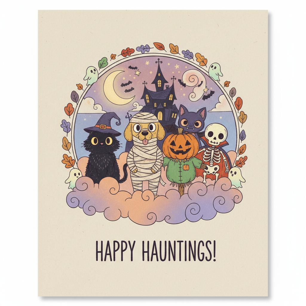 halloween card of classic costumes in a cute cartoon style.
