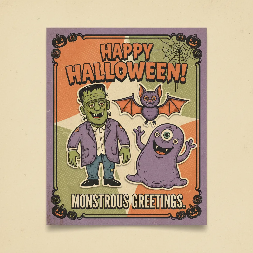 halloween card featuring a classic monsters and the words happy halloween monstrous greetings