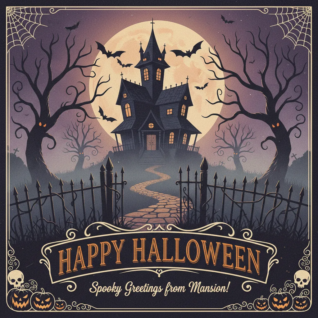 halloween card featuring a haunted house and the words happy halloween spooky greetings from mansion