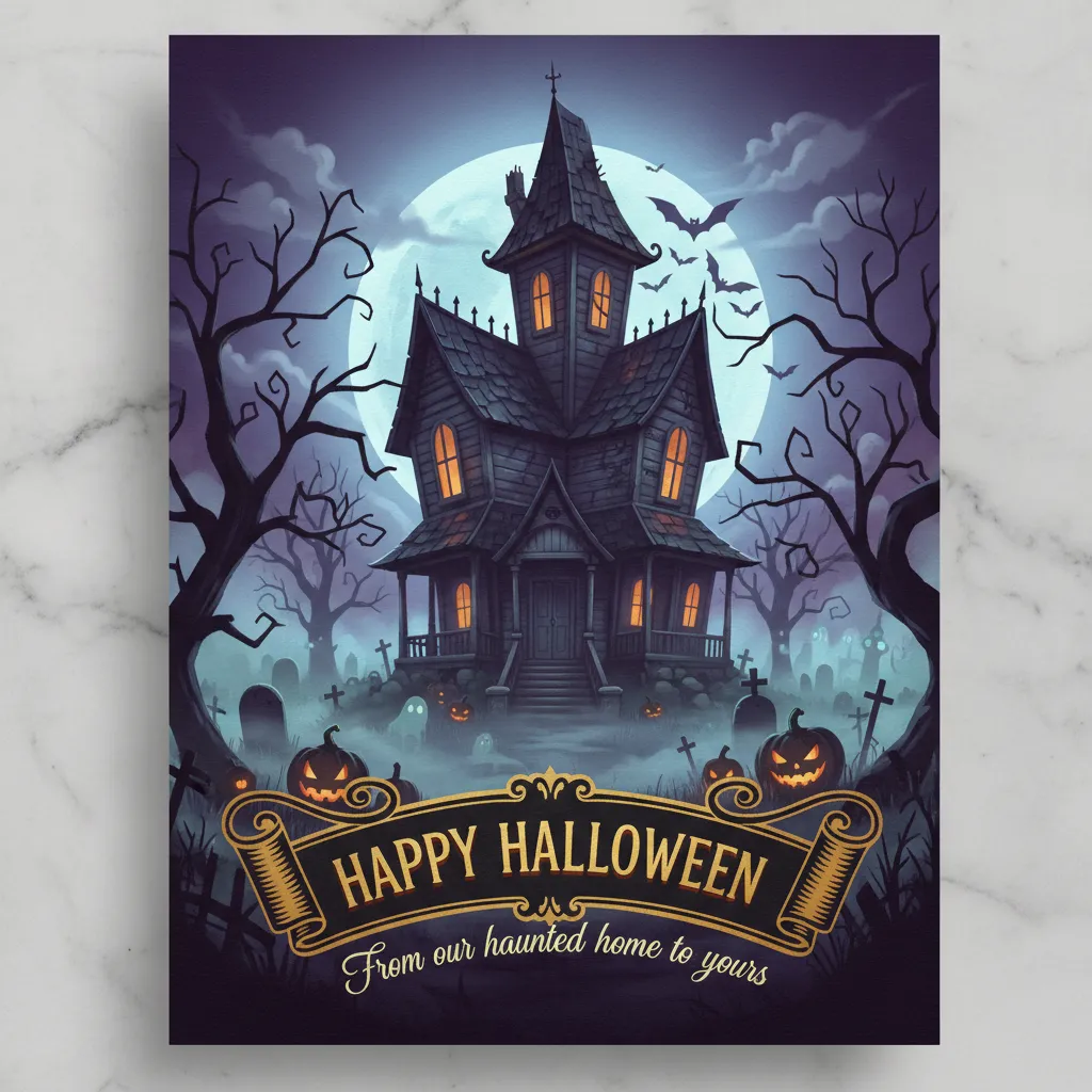 halloween card featuring a haunted house and the words happy halloweenfrom our haunted home to yours
