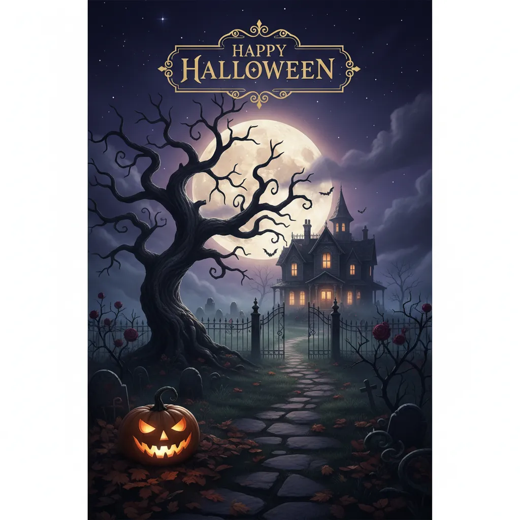 halloween card featuring a haunted house and the words happy halloween