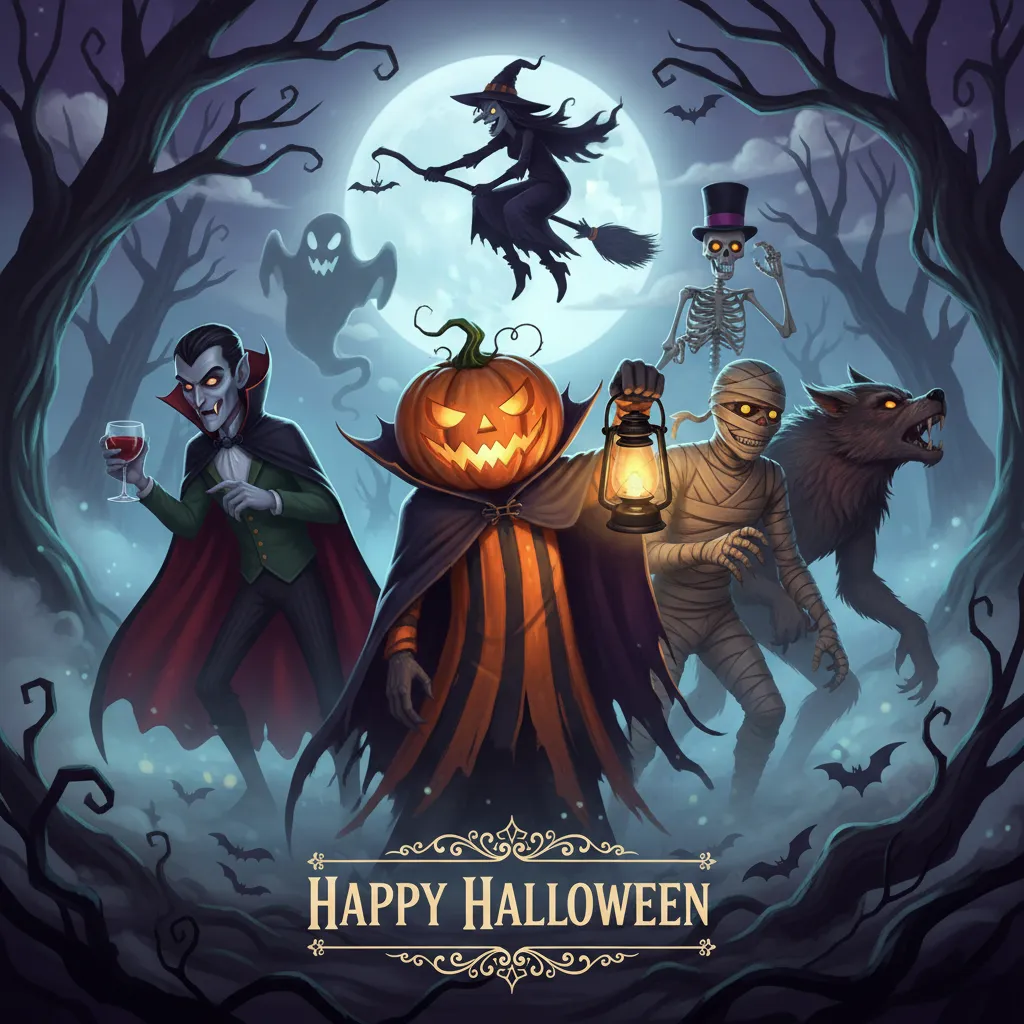 halloween card featuring a classic halloween characters and the words happy halloween.