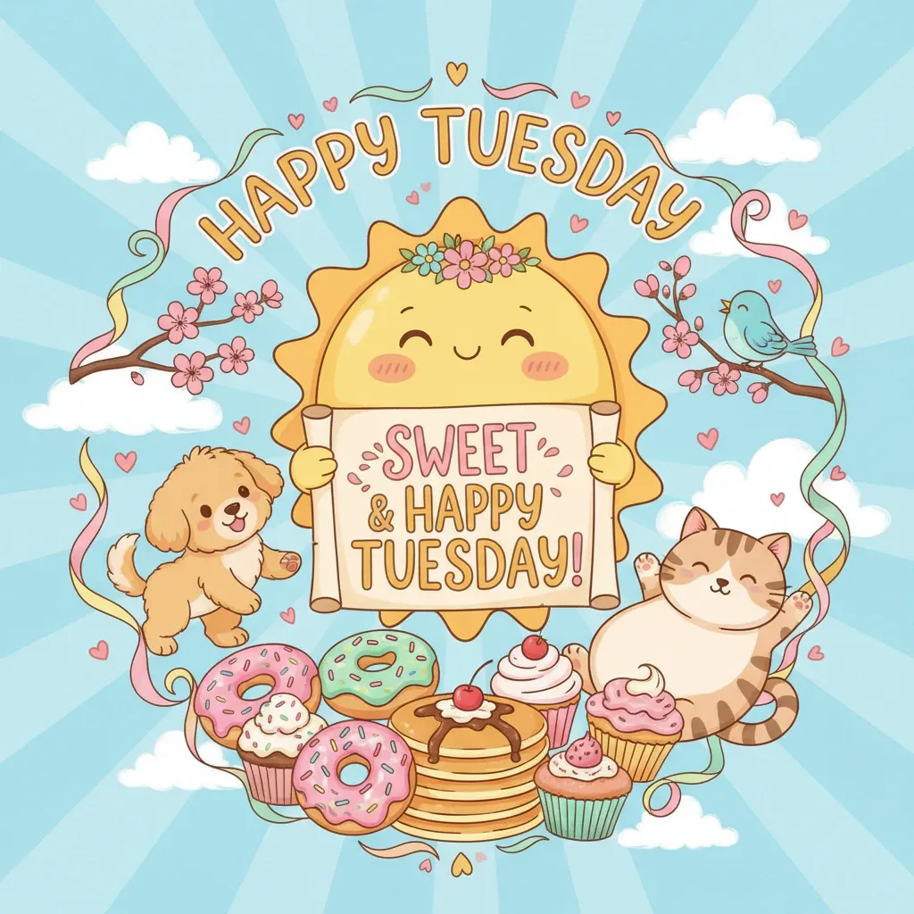 happy tuesday graphic featuring illlustrations of cute animals, sweets, and a sun.