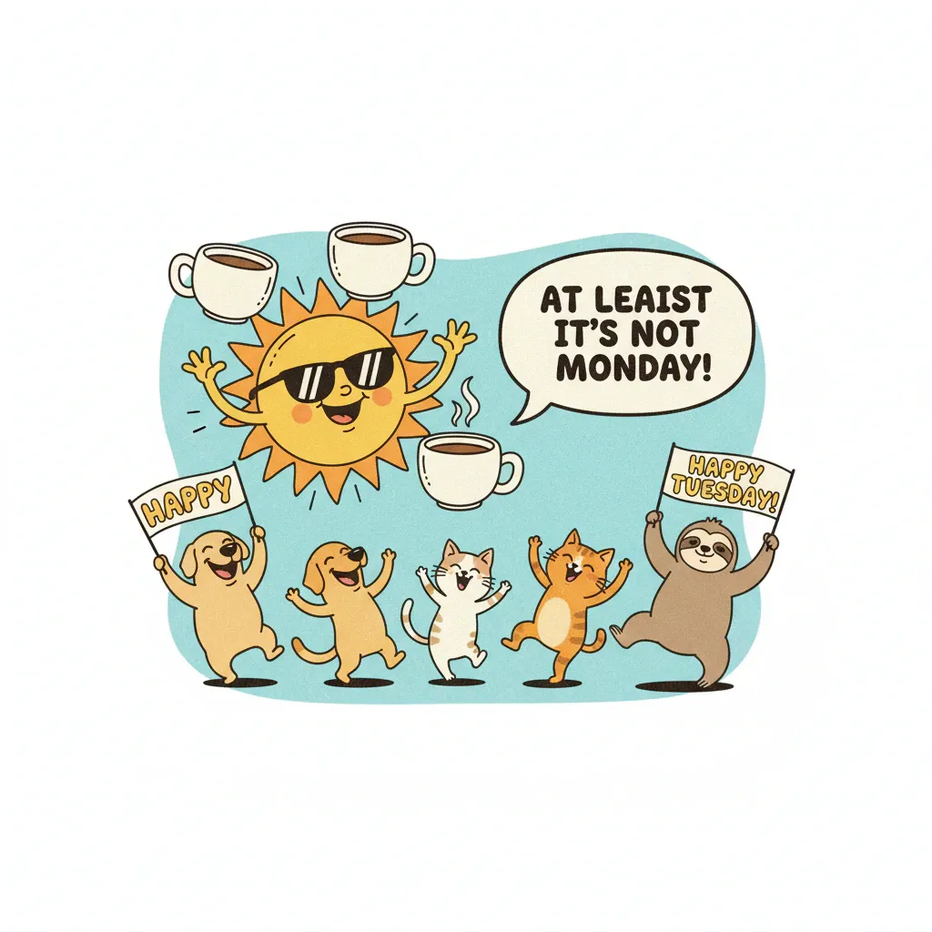 happy tuesday graphic featuring illlustrations of a sun wearing sunglasses, animals holding banners, and the words at least it's not Monday.