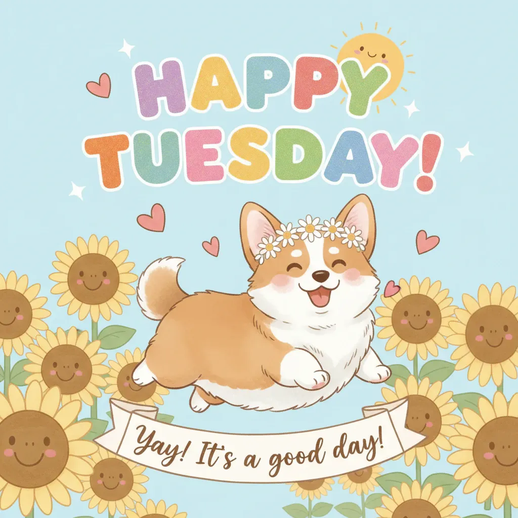 happy tuesday graphic featuring illlustrations of sunflowers and a corgi with the words: happy tuesday! and yay! it's a good day!.