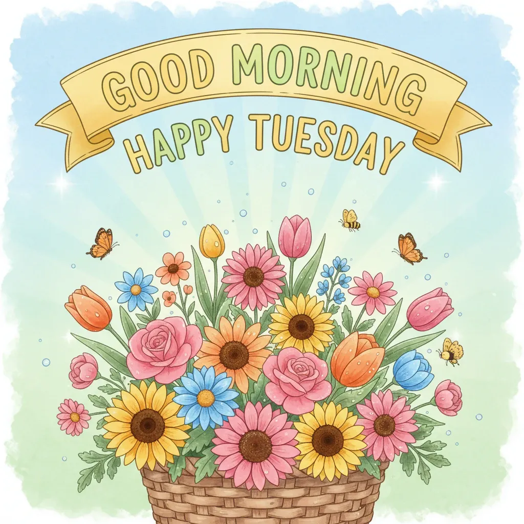 happy tuesday graphic featuring illlustrations of flowers along with a banner that says: good morning happy tuesday.