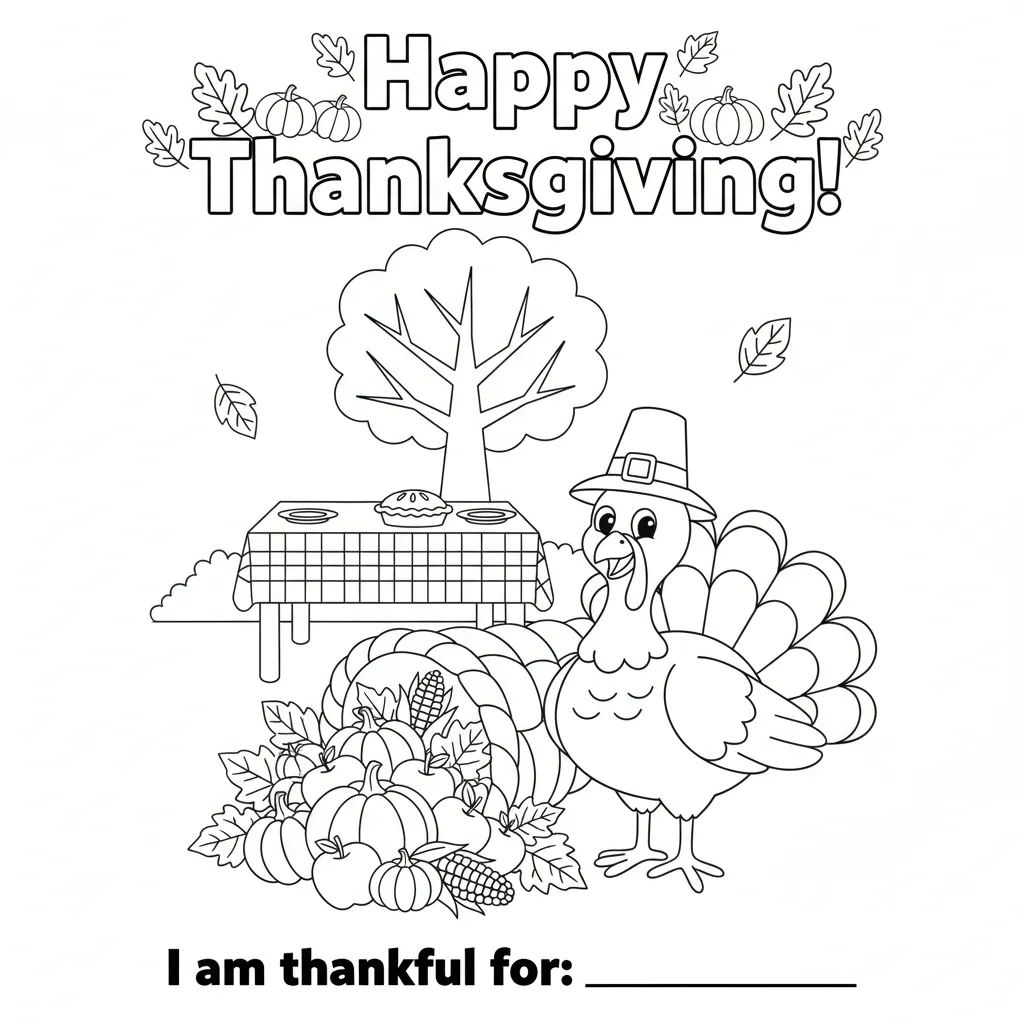 thanksgiving coloring page of a cartoon turkey next to a cornucopia and the words happy thanksgiving I am thankful for... with a space to fill in the blank