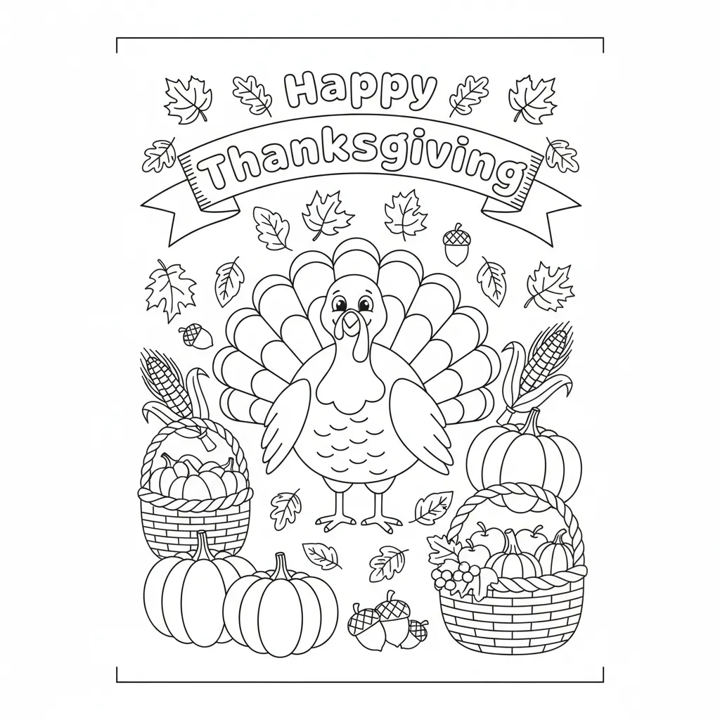 coloring page of a cartoon turkey and the words happy thanksgiving