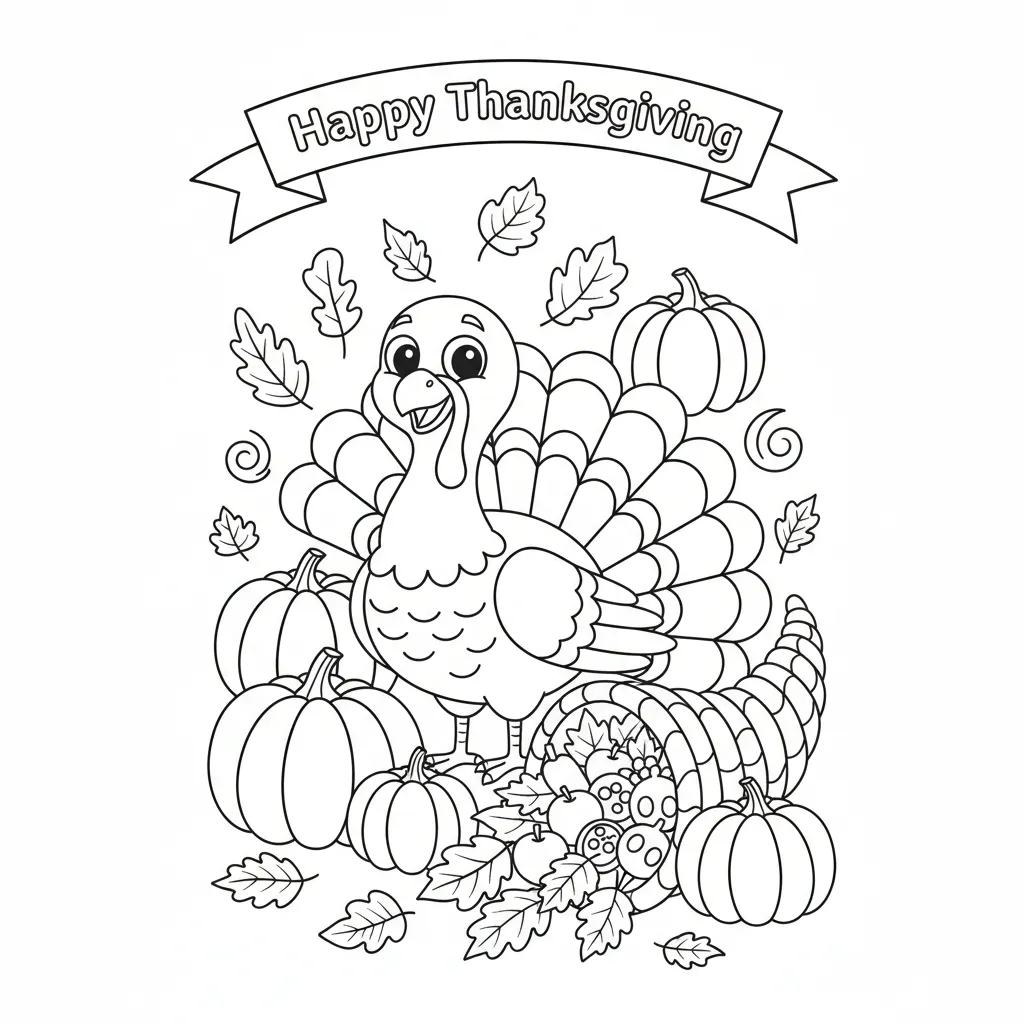coloring page of a cartoon turkey and the words happy thanksgiving