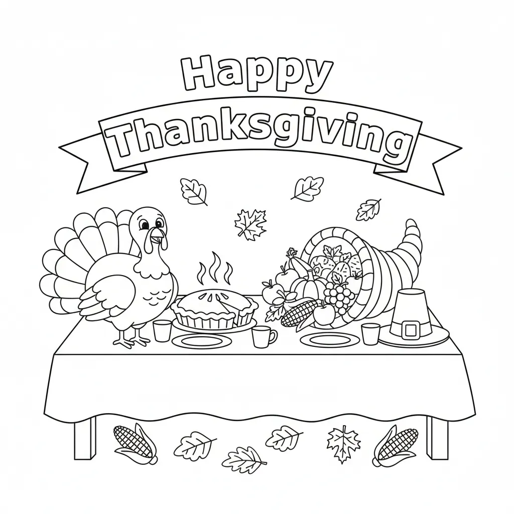 coloring page of a thanksgiving table and the words happy thanksgiving