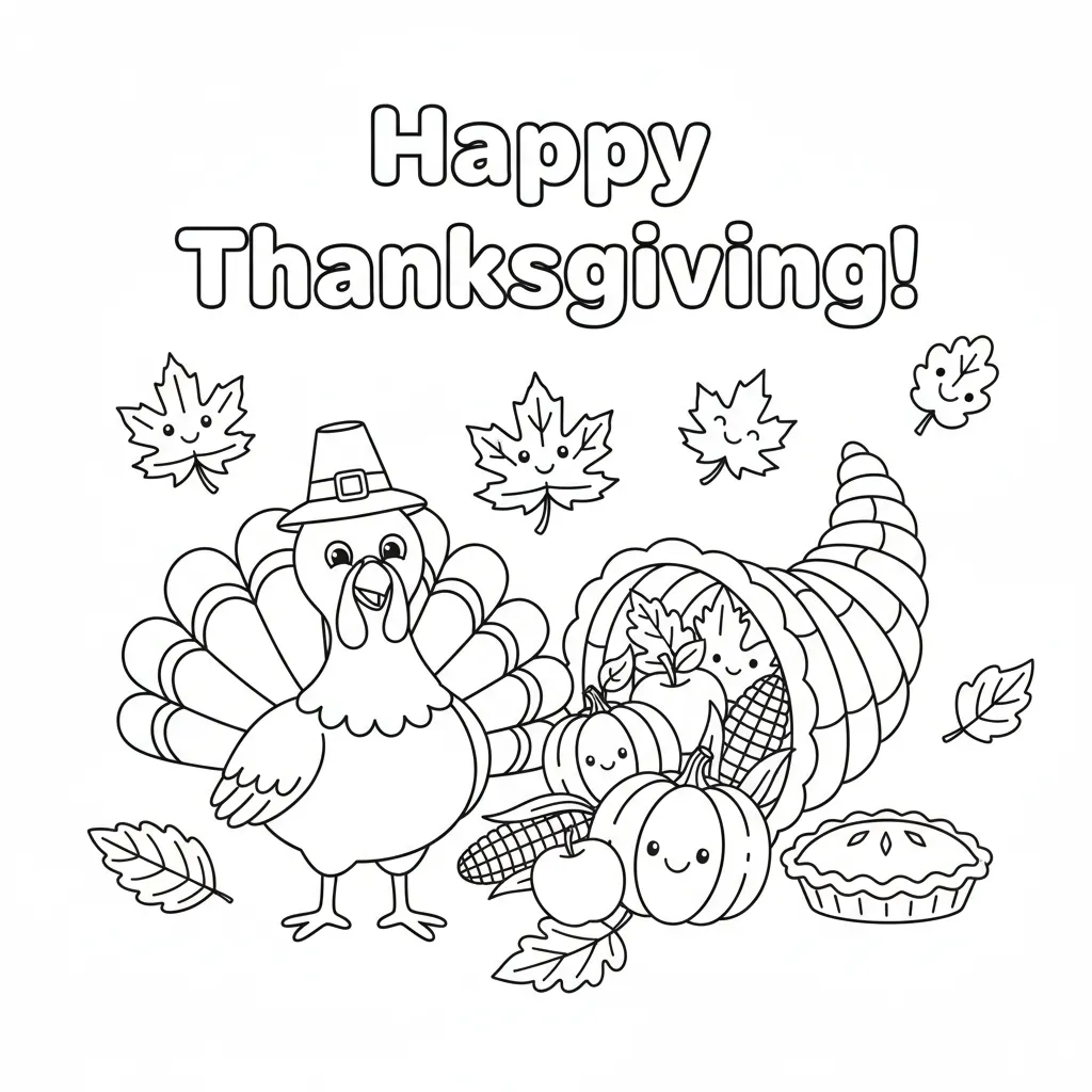 thanksgiving coloring page of a turkey next to a cornucopia with the words happy thanksgiving!