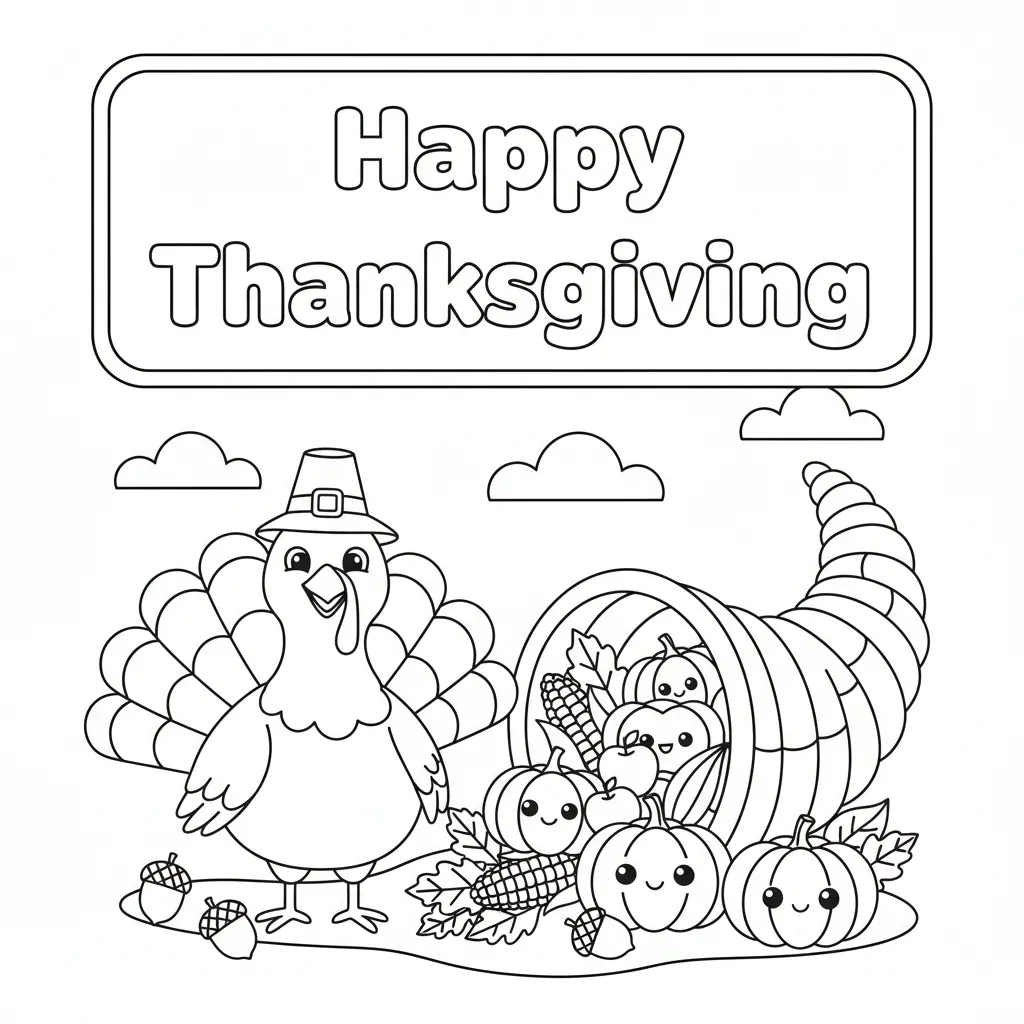 coloring page of a cartoon turkey posed next to a cornucopia with the words happy thanksgiving