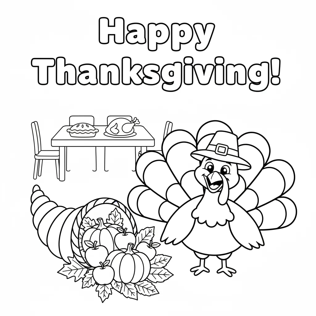 coloring page of a turkey next to a cornucopia with the words happy thanksgiving!