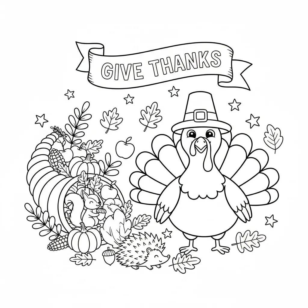 coloring page of a turkey next to a cornucopia with the words give thanks