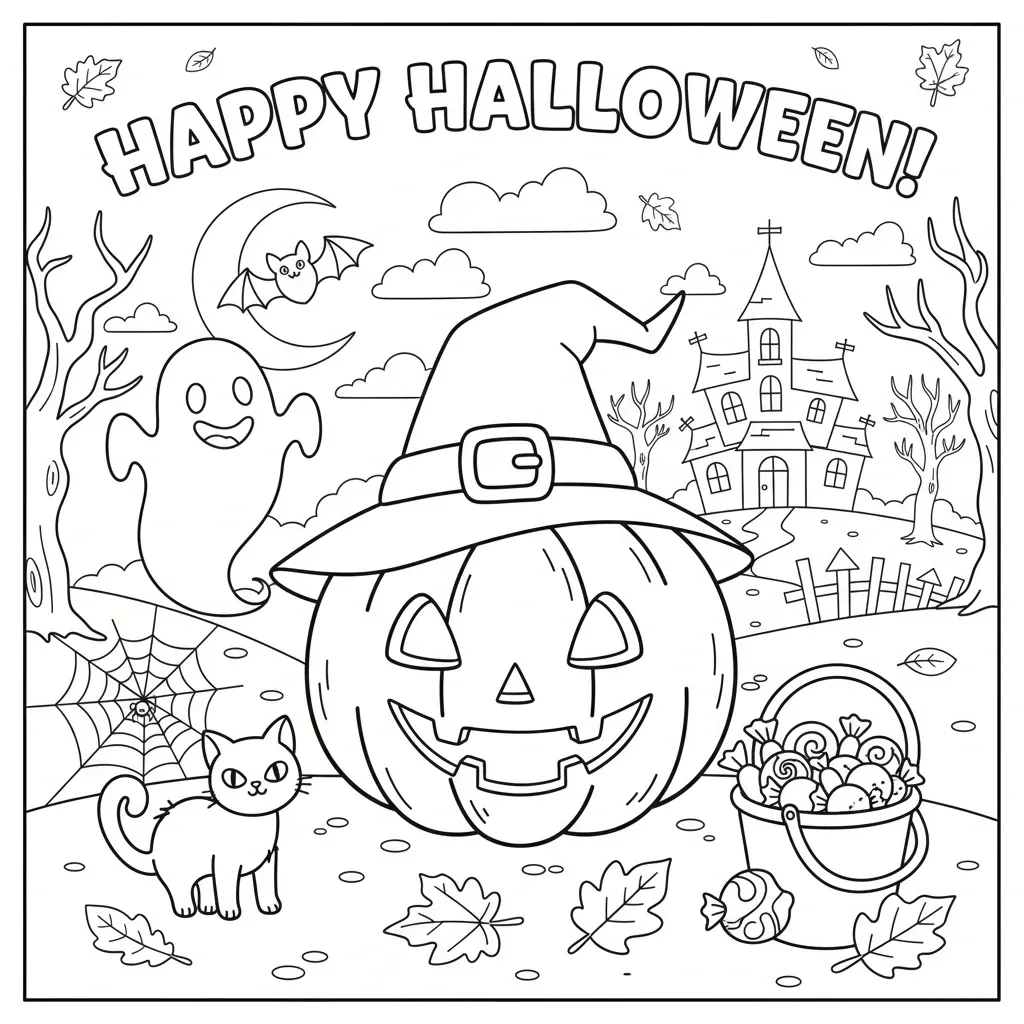 halloween coloring page for kids featuring illustrations of friendly ghosts, jack-o-lanterns, a haunted house and more