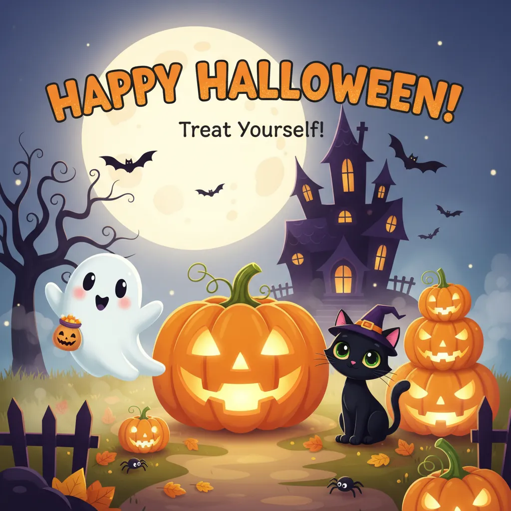 halloween card for kids that depicts jack o lanterns, cute ghosts, and a black cat with a haunted house in the background, and the words happy halloween treat yourself on it.