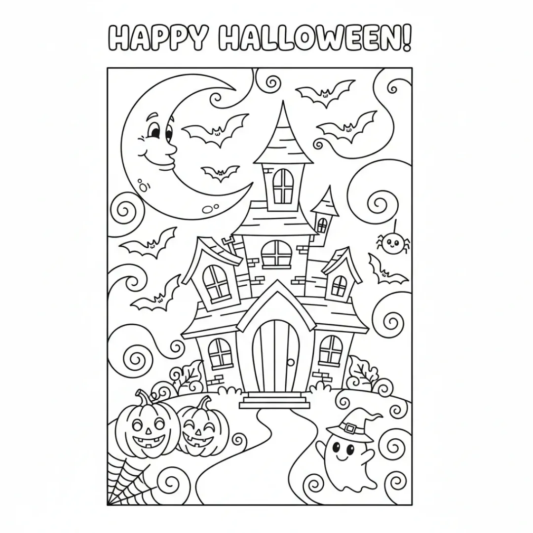 halloween coloring page for kids featuring illustrations of friendly ghosts, jack-o-lanterns, a haunted house and more
