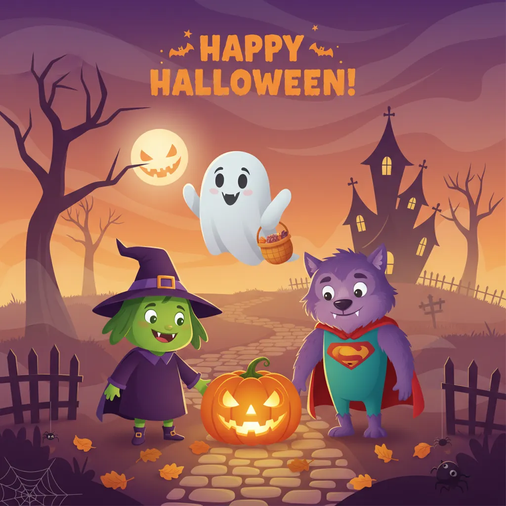 halloween card for kids that depicts jack o lanterns, cute ghosts, and a other spooky characters with a haunted house in the background and the words happy halloween