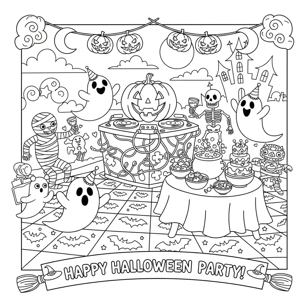 halloween coloring page for kids featuring illustrations of a halloween party and the words happy halloween party!