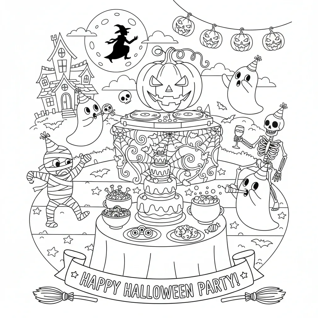 halloween coloring page for kids featuring illustrations of a halloween party and the words happy halloween party!