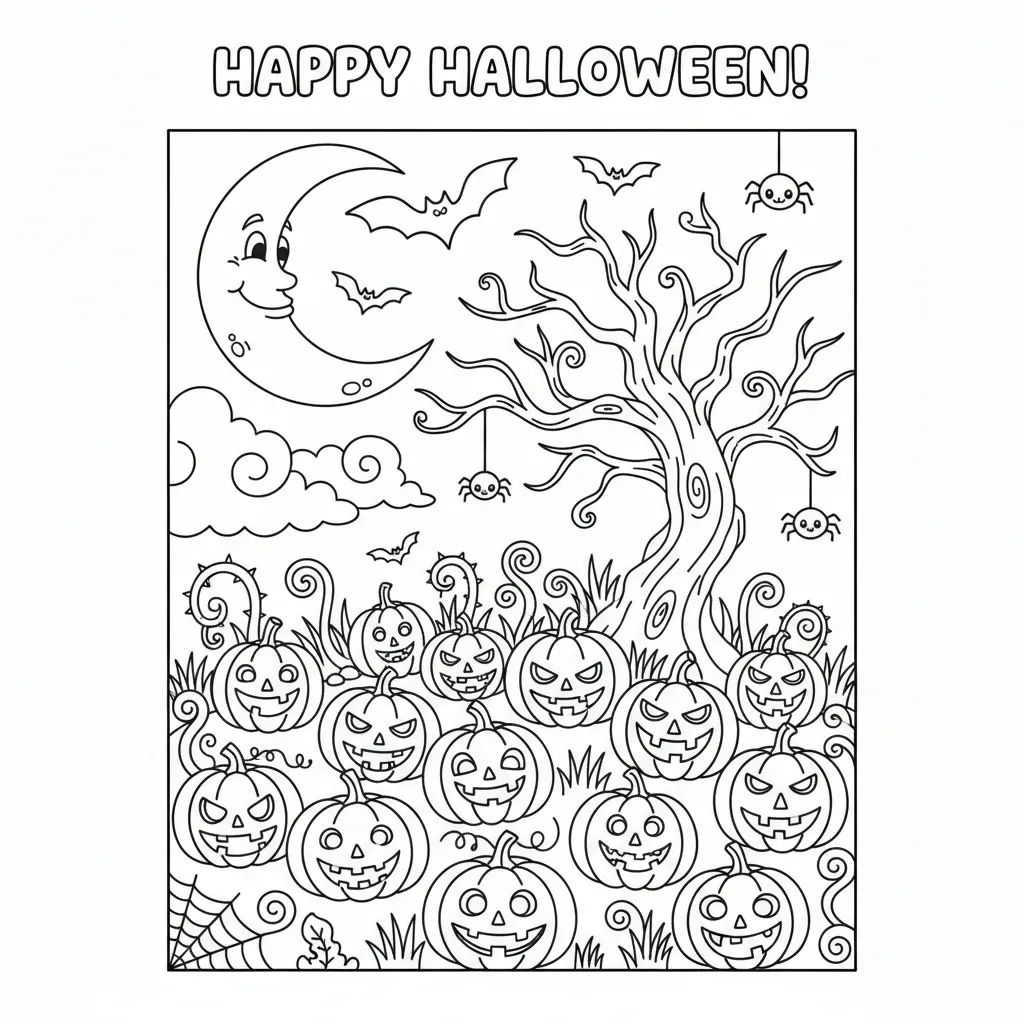 halloween coloring page for kids featuring illustrations of a pumpkin patch filled with jack-o-lanterns