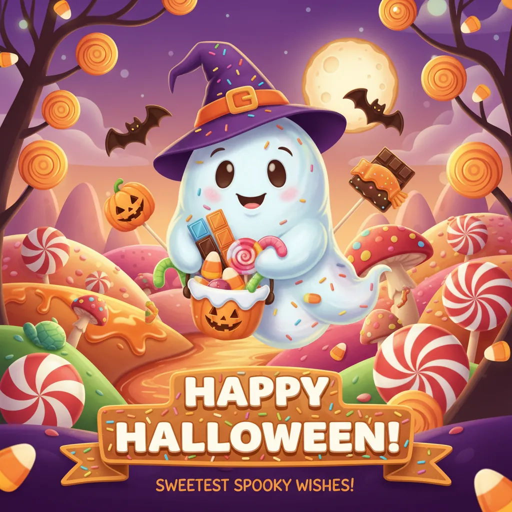 a candy themedd halloween card for kis with the wors happy halloween sweetest spooky wishes