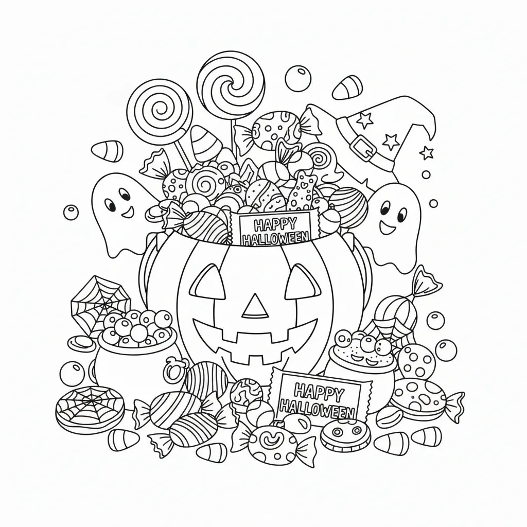 halloween coloring page for kids featuring illustrations of a jack-o-lantern filled with candy