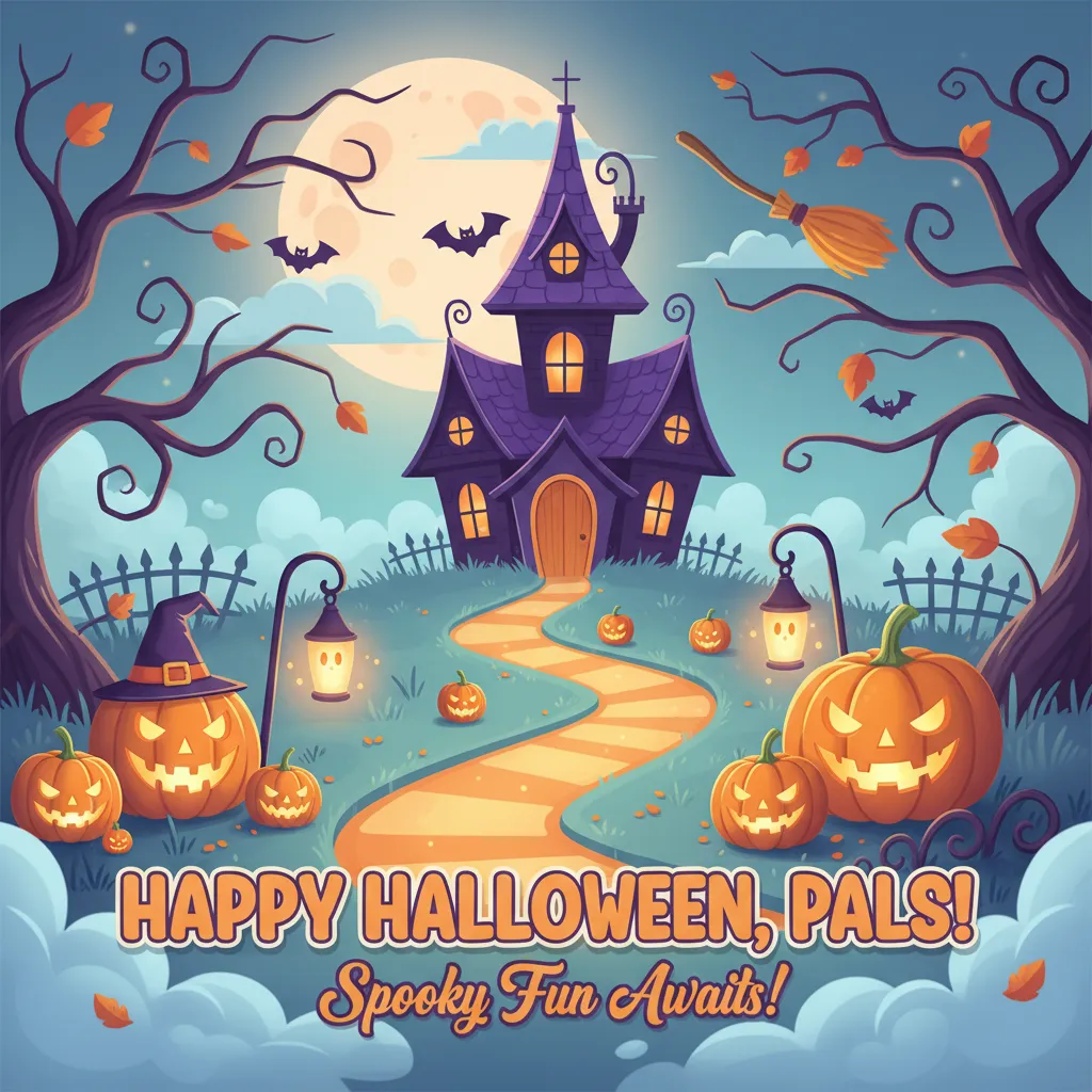 halloween card for kids that depicts jack o lanterns, with a haunted house in the background and the words happy halloween spooky fun awaits.