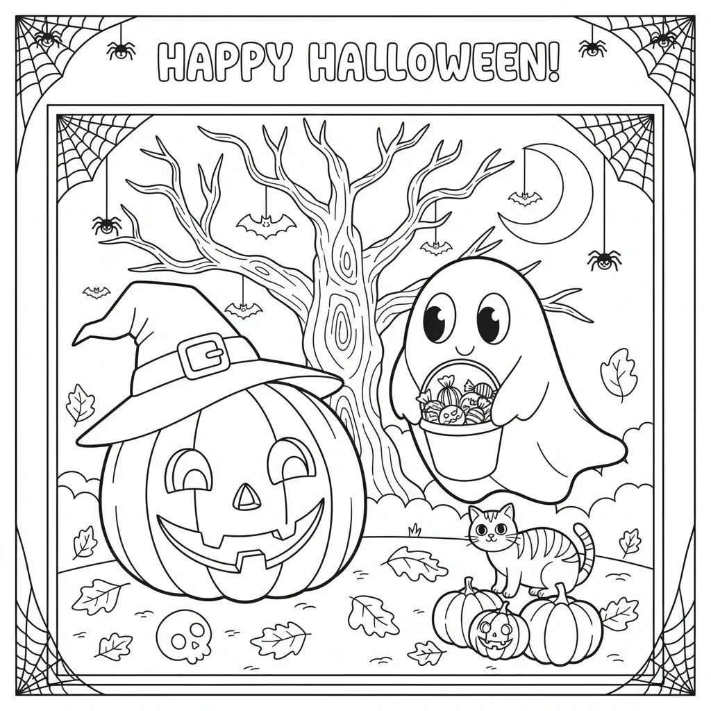 halloween coloring page for kids featuring illustrations of a a jack-o-lantern, friendly ghost, and more along with the words happy halloween!