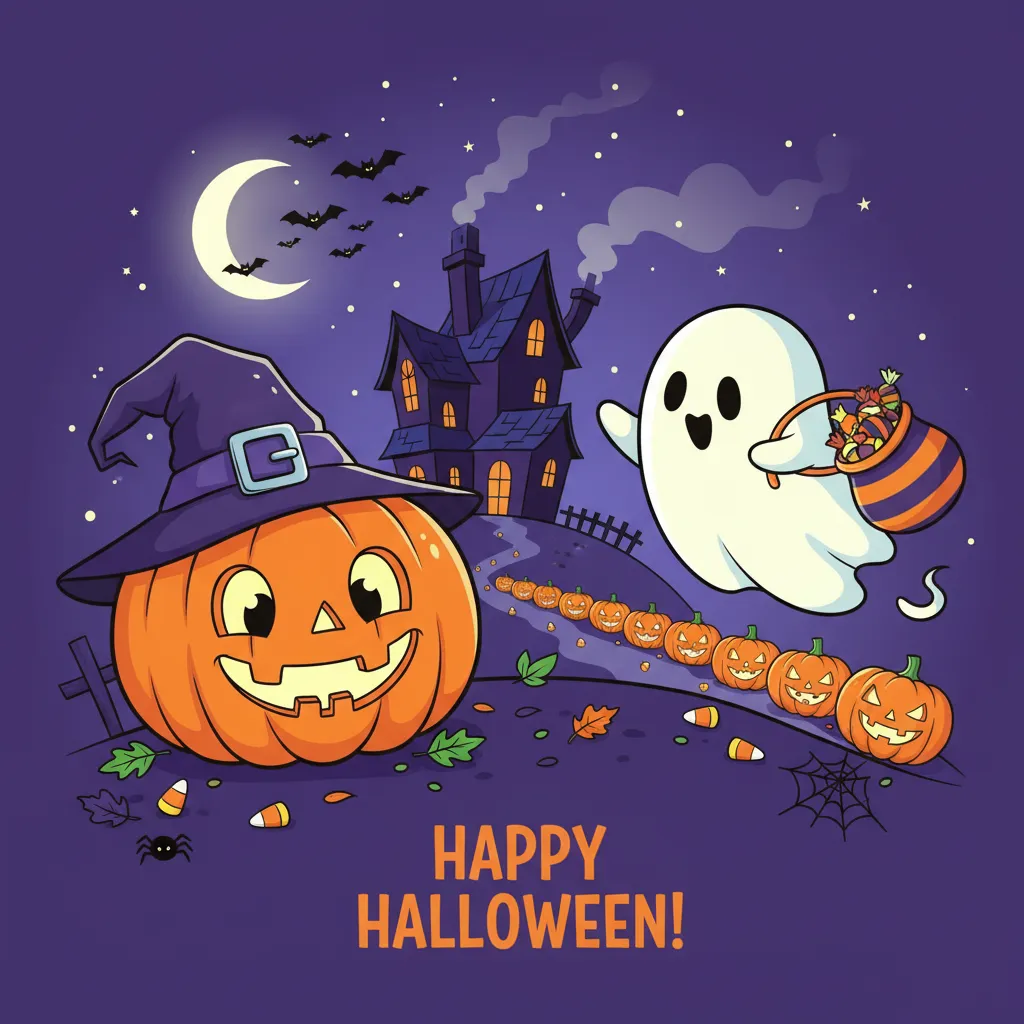 halloween card for kids that depicts jack o lanterns, cute ghost, and a haunted house in the background and the words happy halloween.