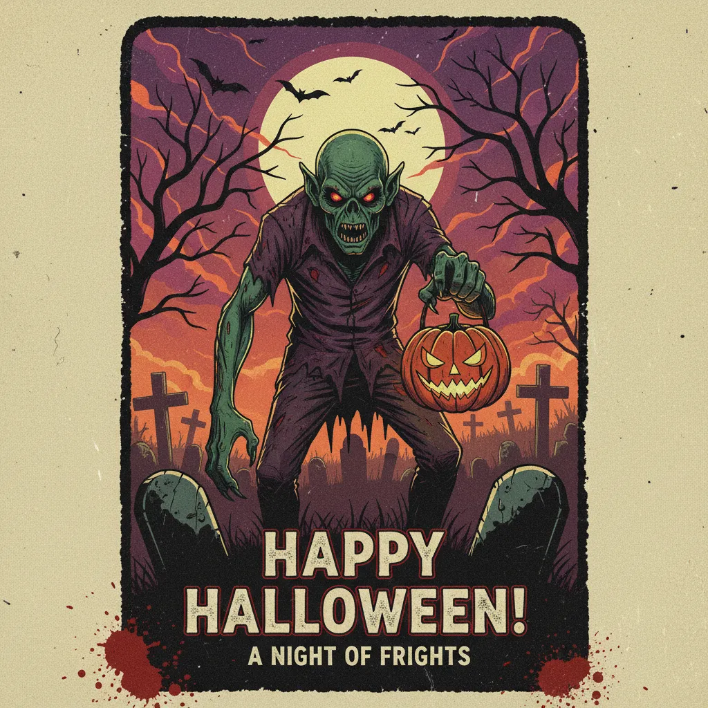pulp themed halloween card depicting a ghoul in a graveyar with the words happy halloween night of frights.
