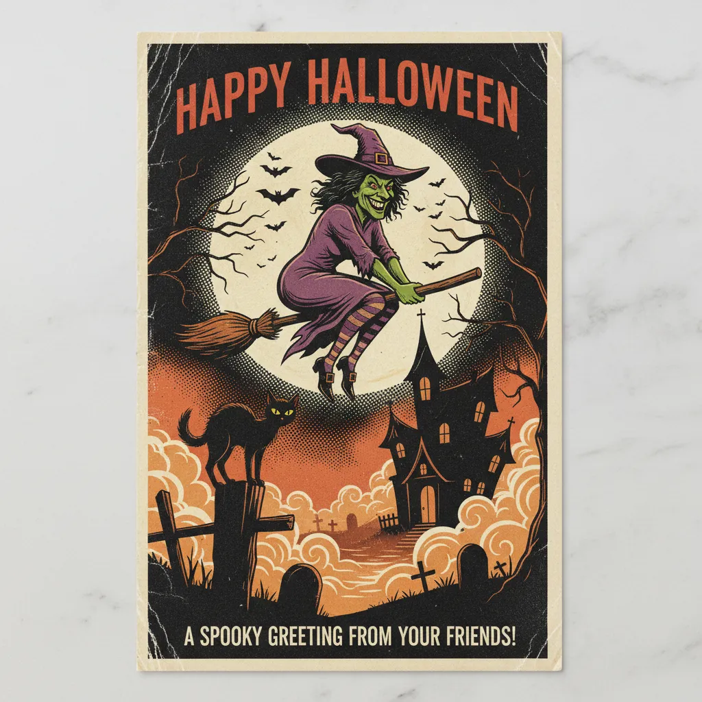 pulp themed halloween card depicting a witch riding over a haunted house scene with the words happy halloween a spooky greeting from your friends