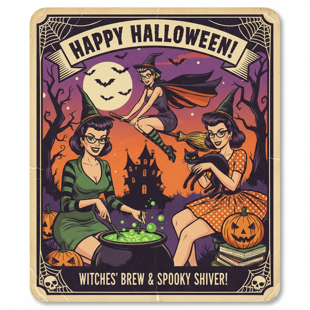 pulp themed halloween card depicting retro style women in a witchy scene with the words happy halloween witches' brew and spooky shiver