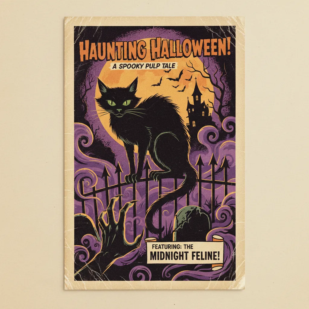 pulp themed halloween card depicting retro style black cat with the words haunting halloween a spooky pulp tale featuring the midnight feline.