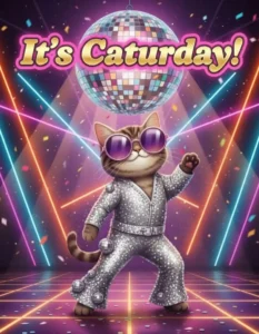 Disco cat dancing under a disco ball with the words Its Caturday