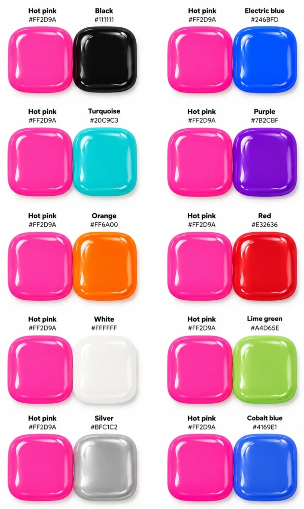 A graphic showing 10 colors that are often used in combination with hot pink.
