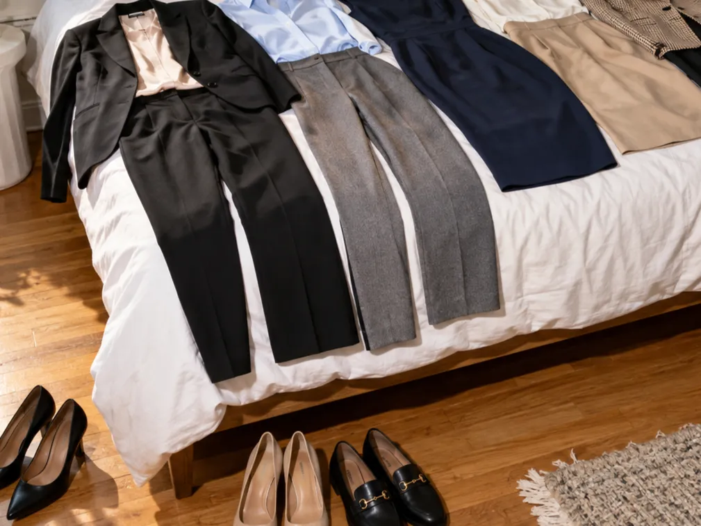 Various options for interview outfits laid out on a bed